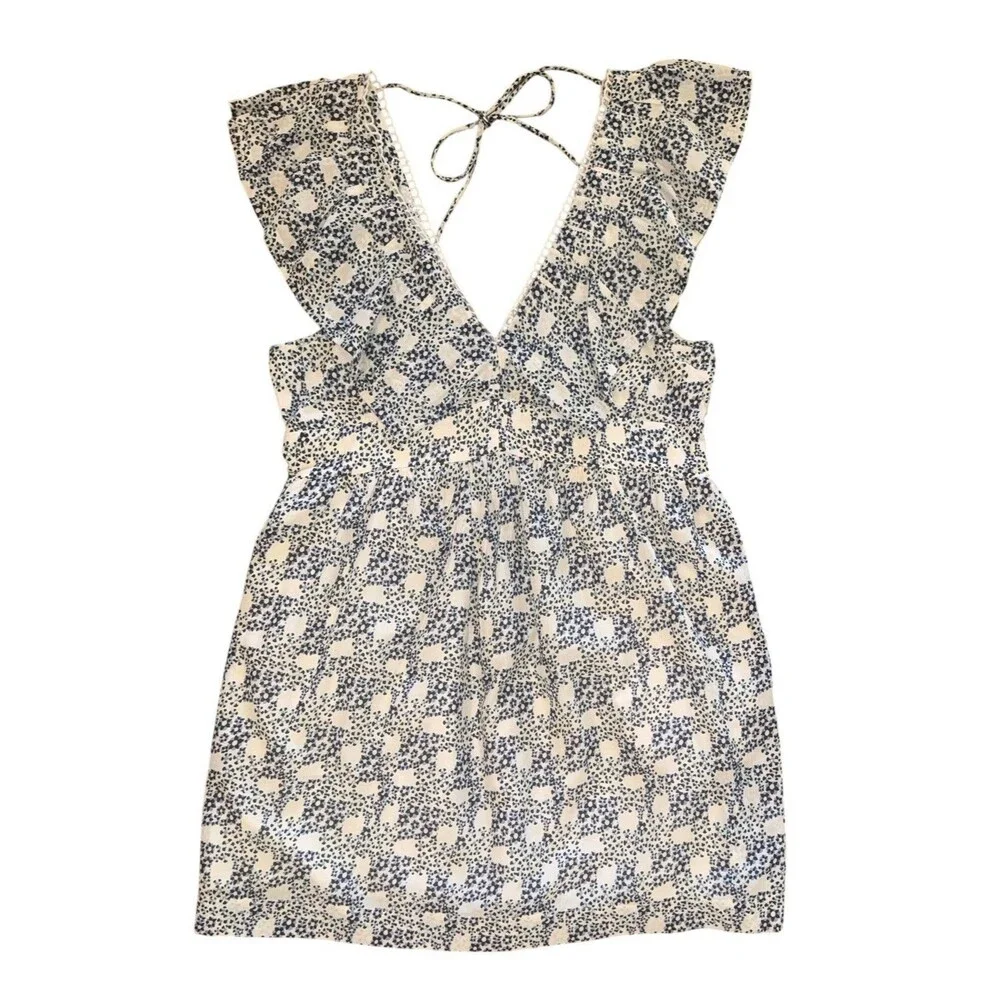Anthropologie V-Neck Plunge Tunic Mini Blue White Floral Dress Size Medium $148